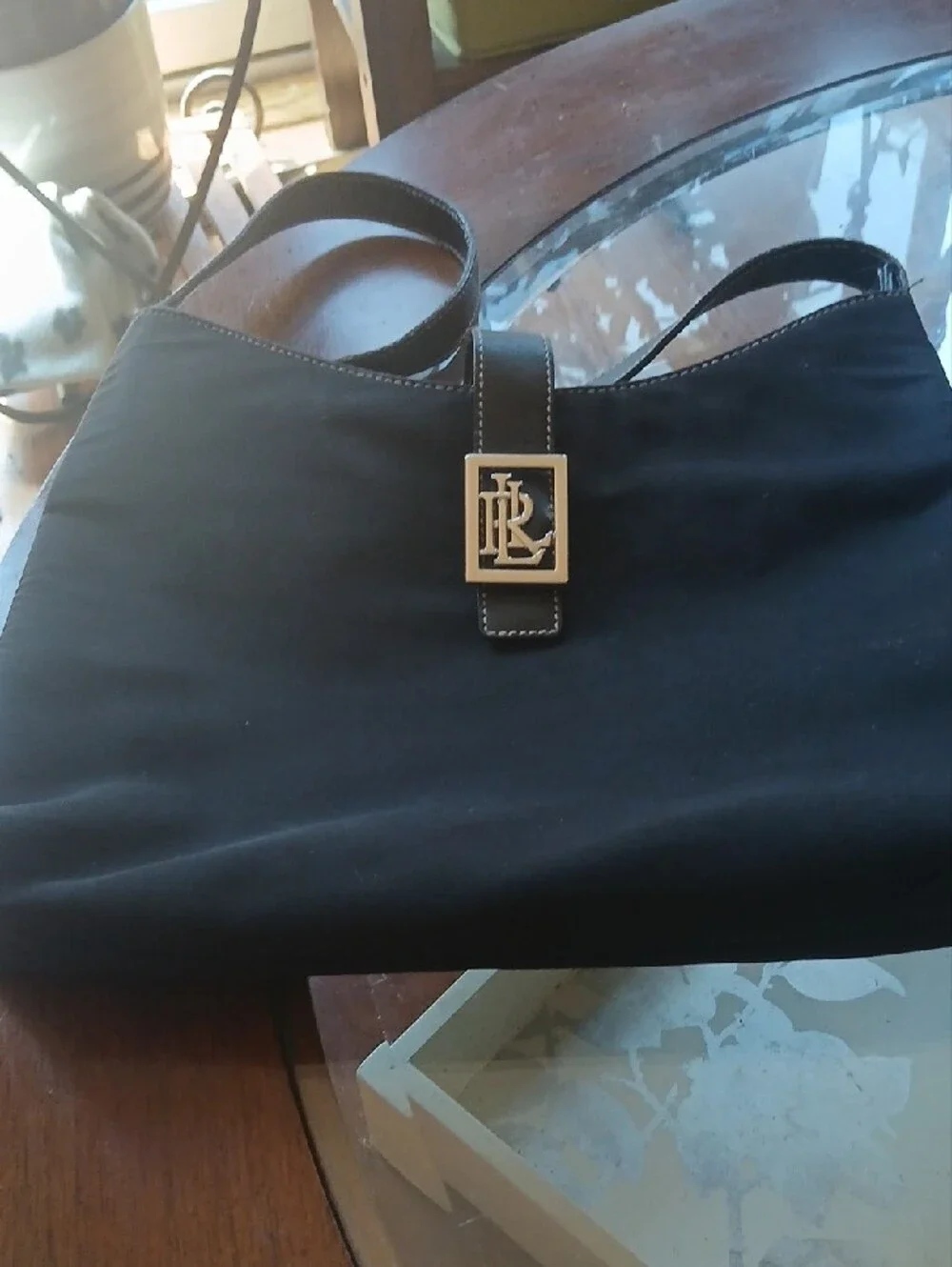 Ralph Lauren Black Hobo Bag with Gold Logo Accent